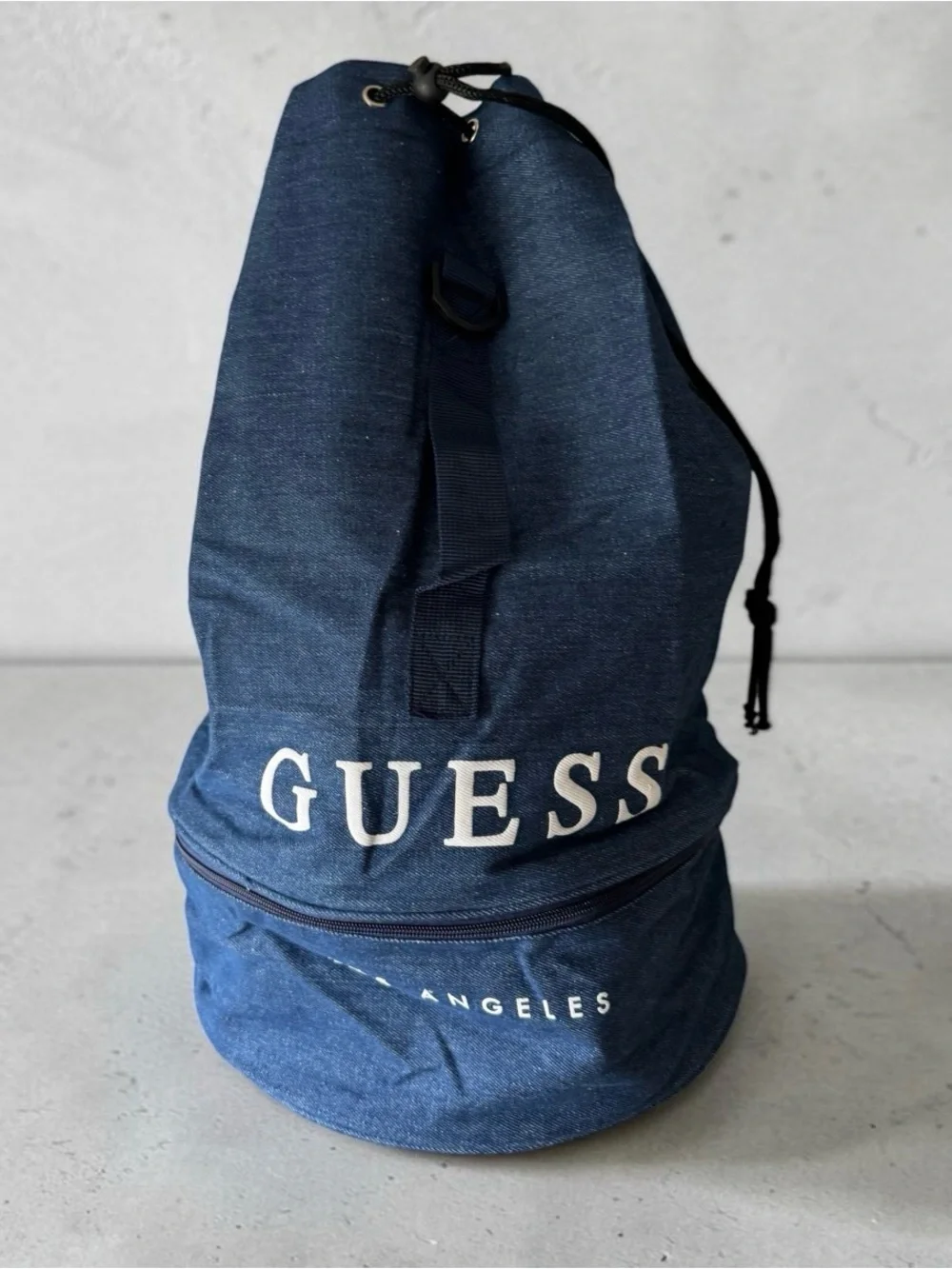 GUESS Denim Large Navy Drawstring Duffel Bag with Zippered Base